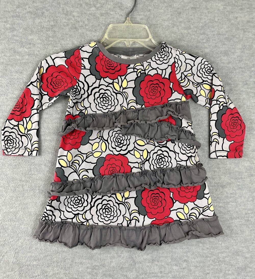 Hanna Andersson 100 (4) Girl's Dress Grey Floral Ruffles Long Sleeve Roses